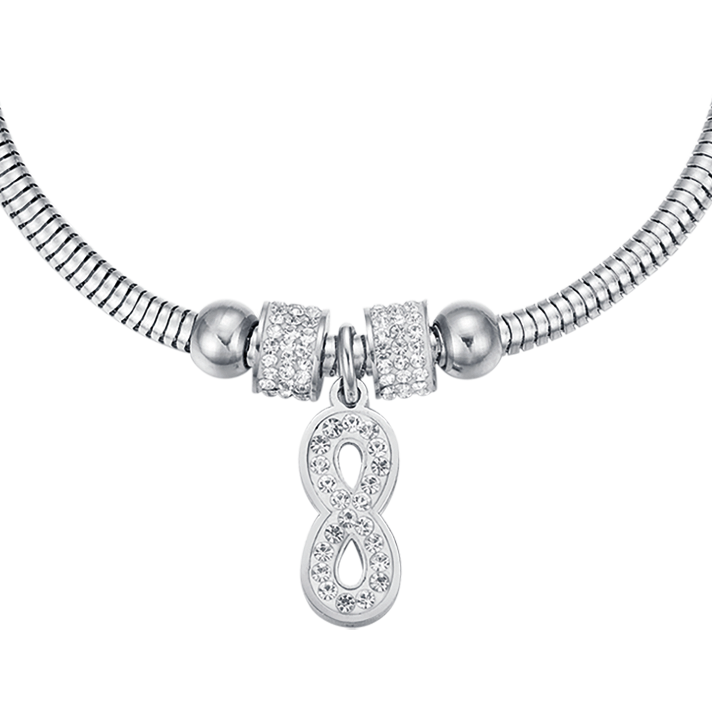 UNENDLICHES DAMEN-STAHLARMBAND MIT WEISSEN KRISTALLEN