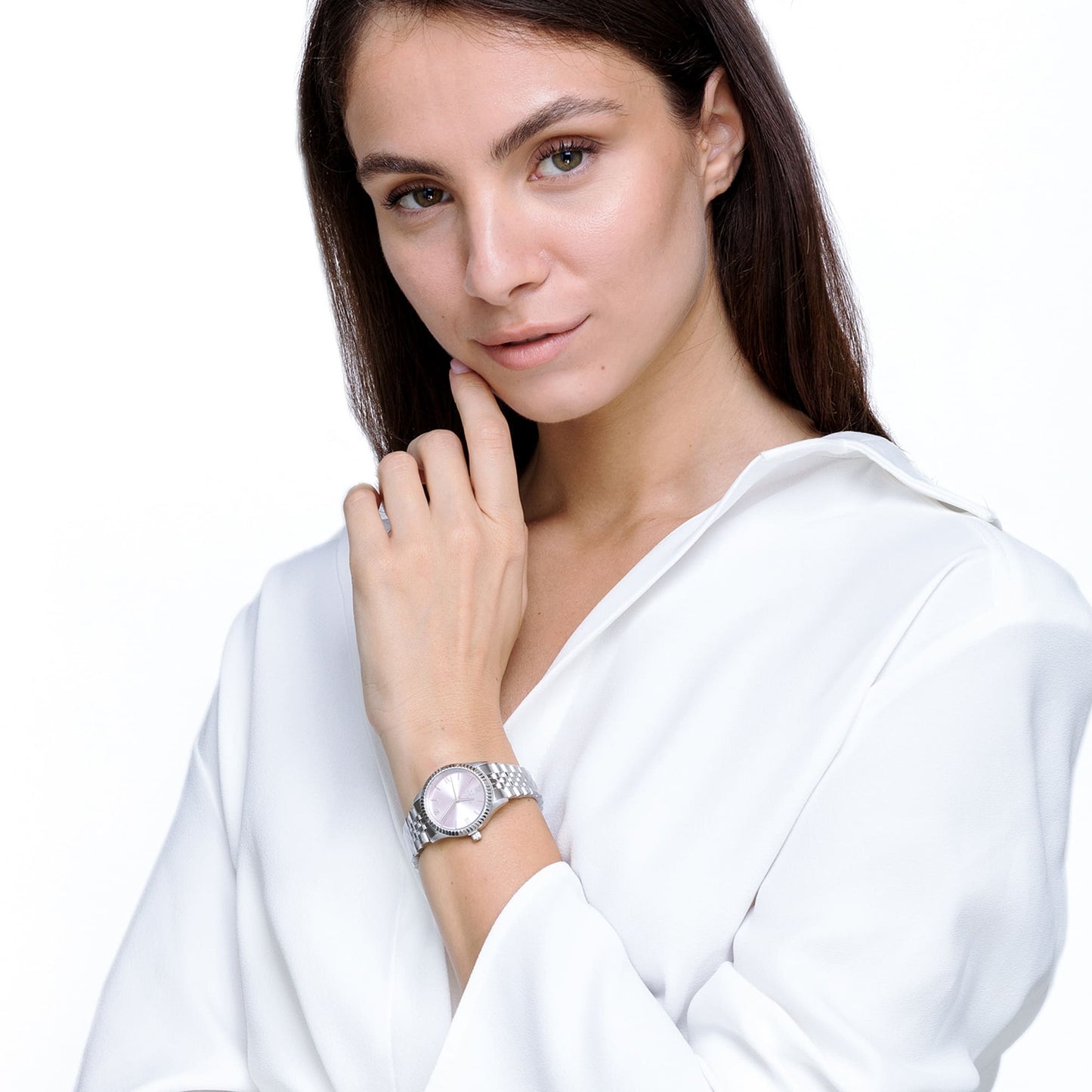 DAMENUHR MIT STAHLGEHÄUSE UND ROSA ZIFFERBLATT