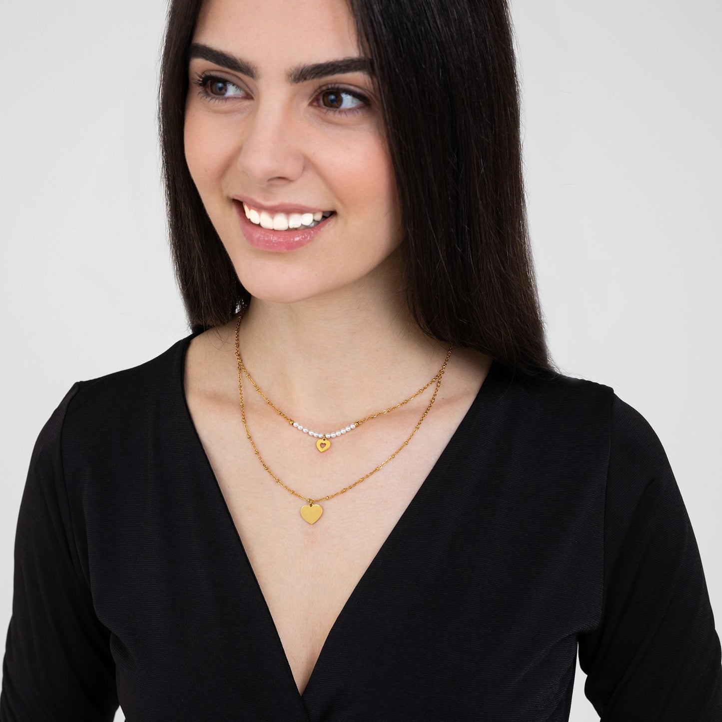 IP GOLD STAHL DAMEN HALSKETTE MIT HERZEN UND WEISSEN PERLEN