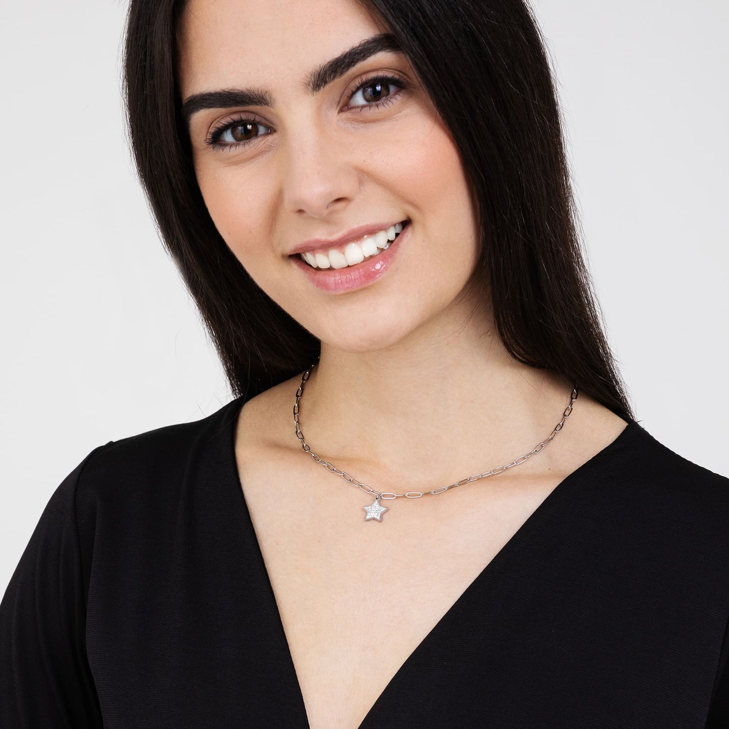 STAHL-HALSKETTE FÜR FRAUEN MIT STERN UND WEISSEN KRISTALLEN UND GLIEDERKETTE