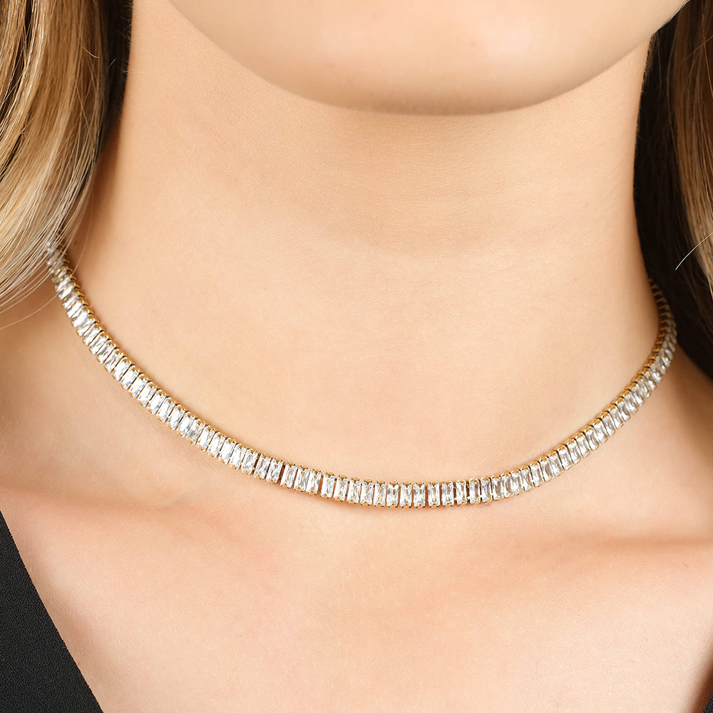 DAMEN-TENNIS-HALSKETTE AUS STAHL MIT WEISSEN BAGUETTE-KRISTALLEN