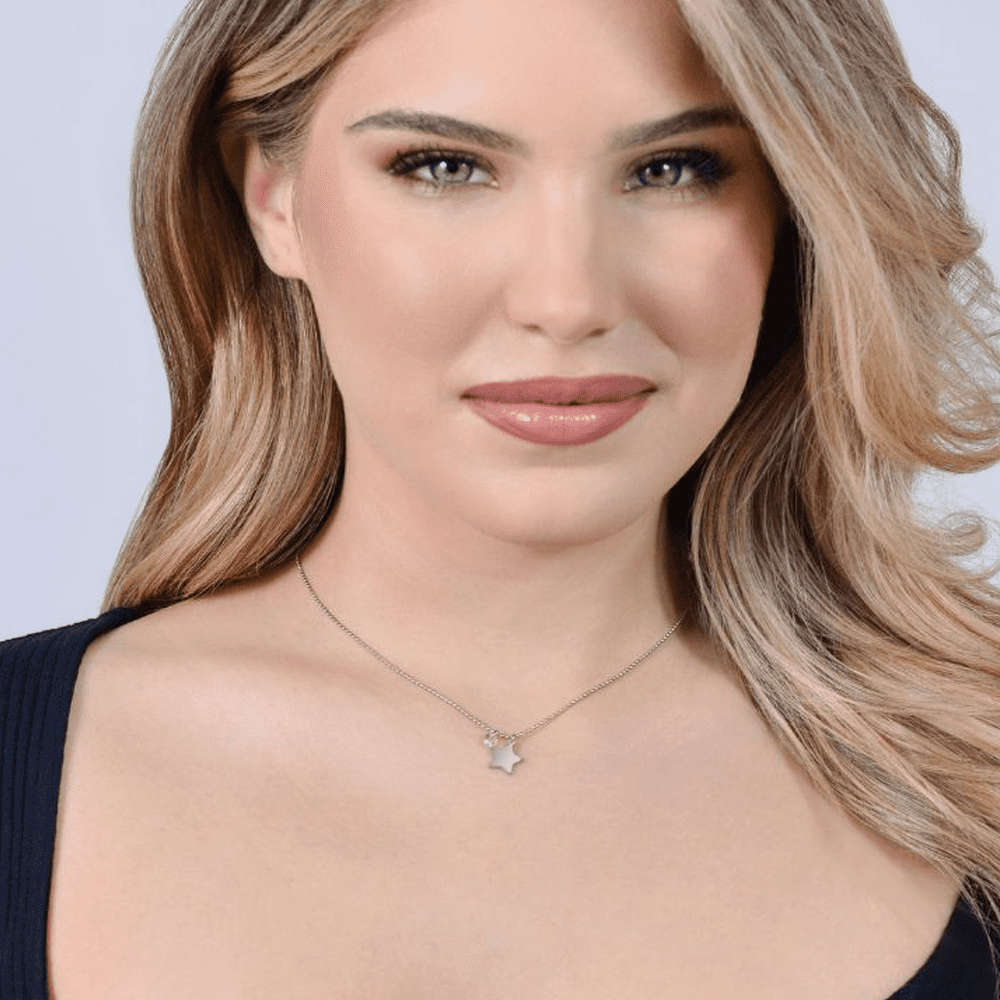 DAMENHALSKETTE AUS STAHL MIT STERN UND ROSA ZIRKON