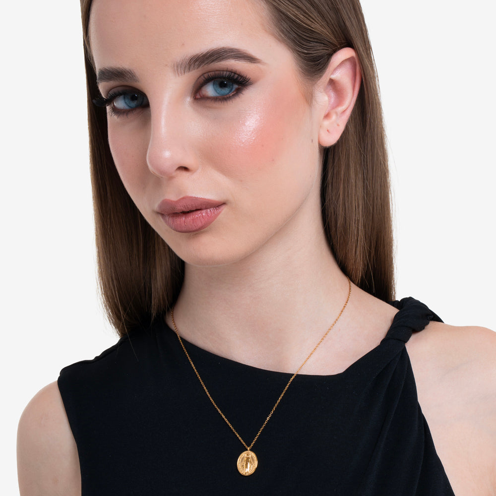 COLLANA DONNA IN ACCIAIO IP GOLD, MEDAGLIETTA CON MADONNINA MIRACOLOSA