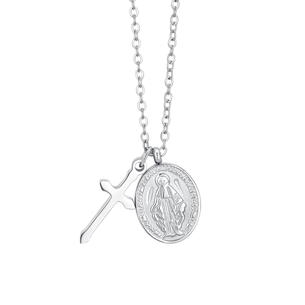 COLLANA DONNA IN ACCIAIO, MEDAGLIETTA CON MADONNINA MIRACOLOSA E CROCE