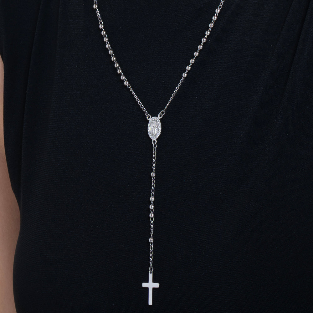 COLLANA DONNA ROSARIO IN ACCIAIO, MEDAGLIETTA CON MADONNINA MIRACOLOSA E ZIRCONI
