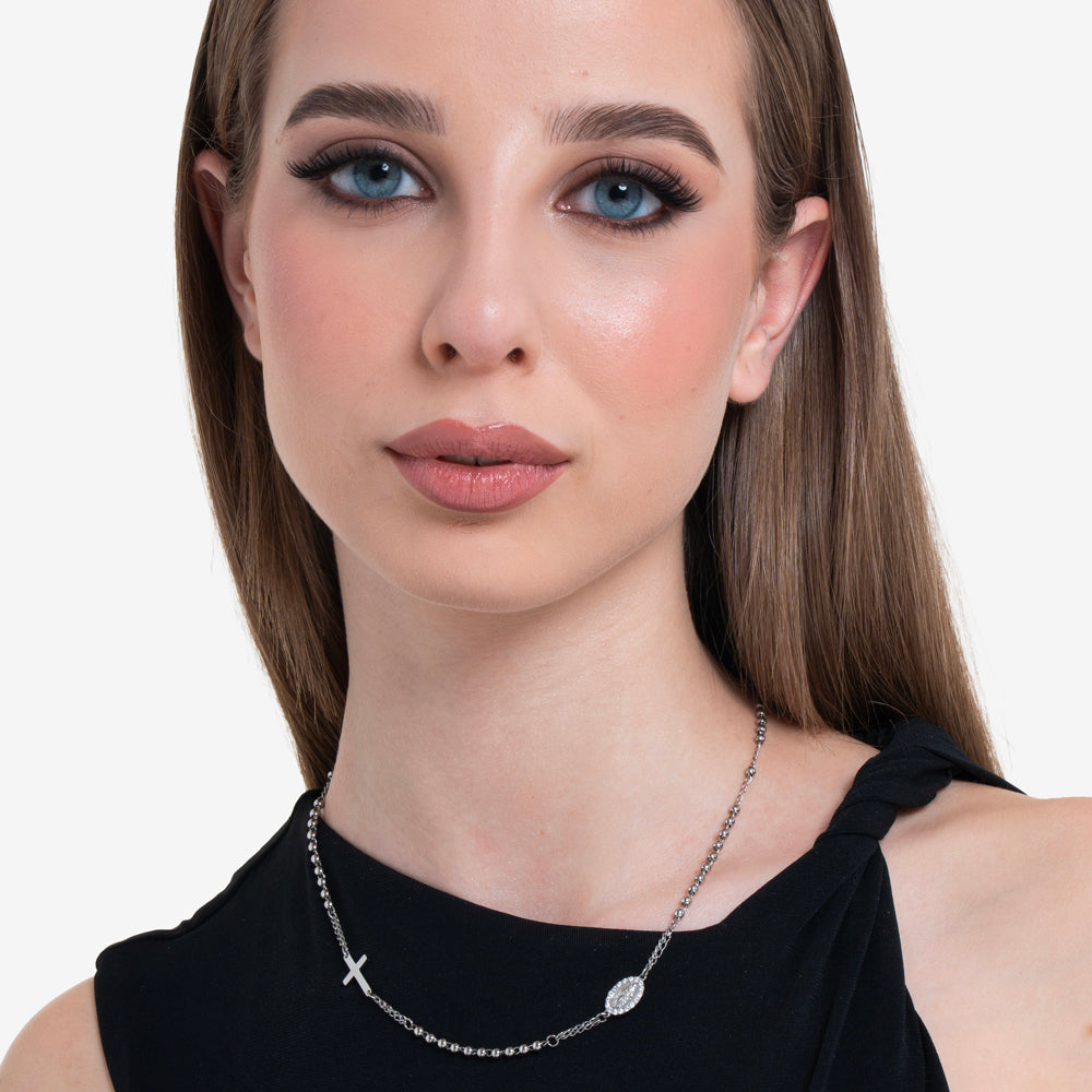 COLLANA DONNA ROSARIO IN ACCIAIO, MEDAGLIETTA CON MADONNINA MIRACOLOSA