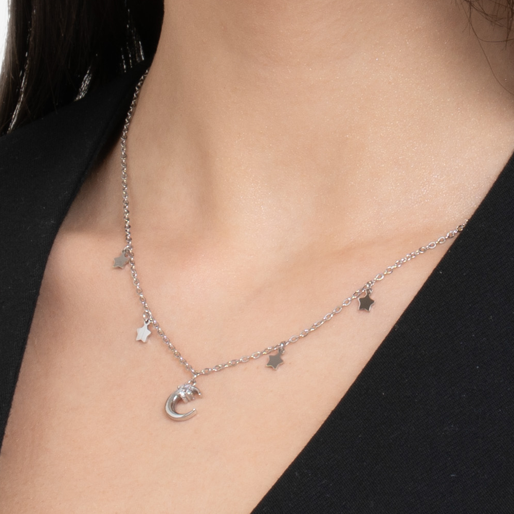 COLLANA DONNA IN ACCIAIO, LUNA CON ZIRCONE BIANCO E STELLE