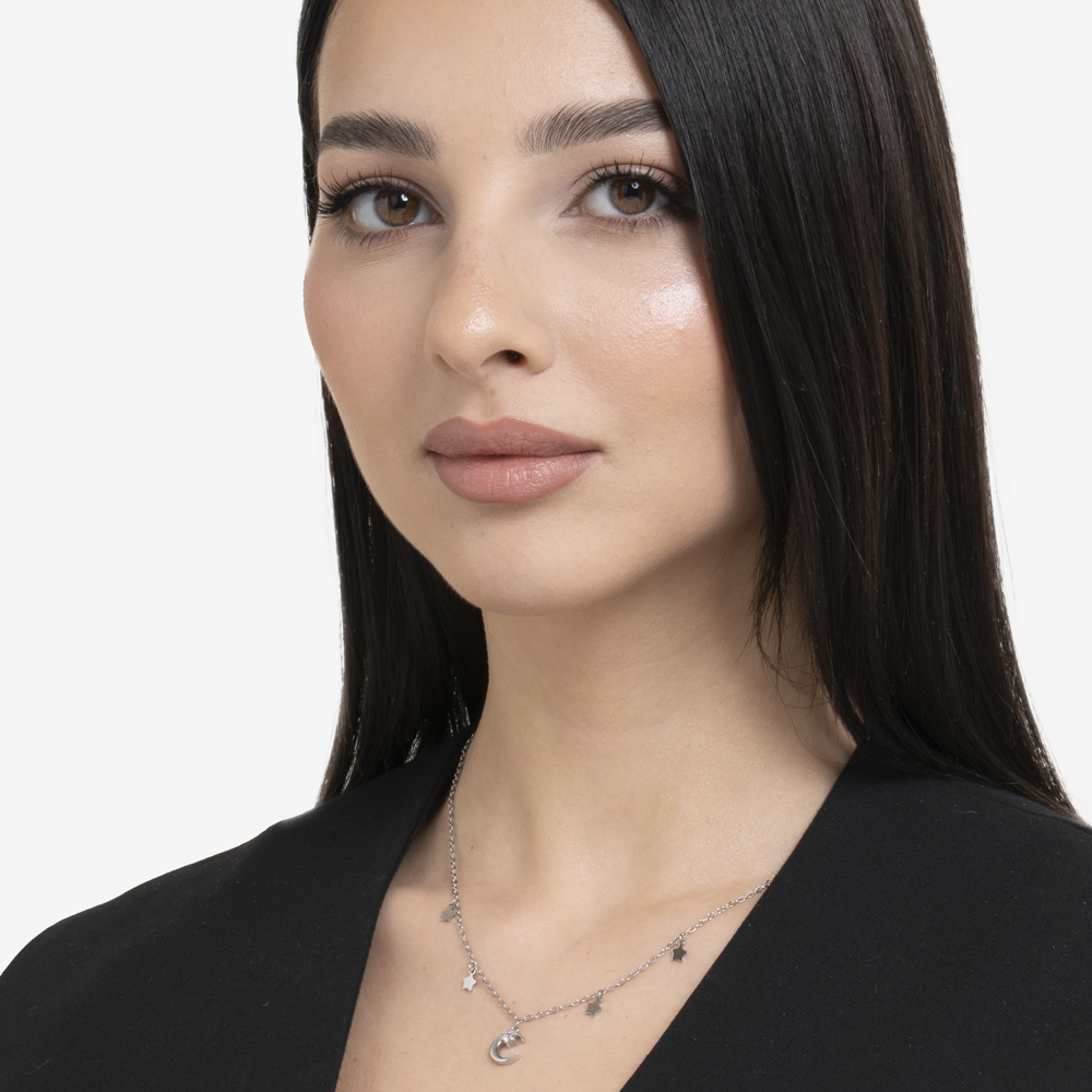 COLLANA DONNA IN ACCIAIO, LUNA CON ZIRCONE BIANCO E STELLE