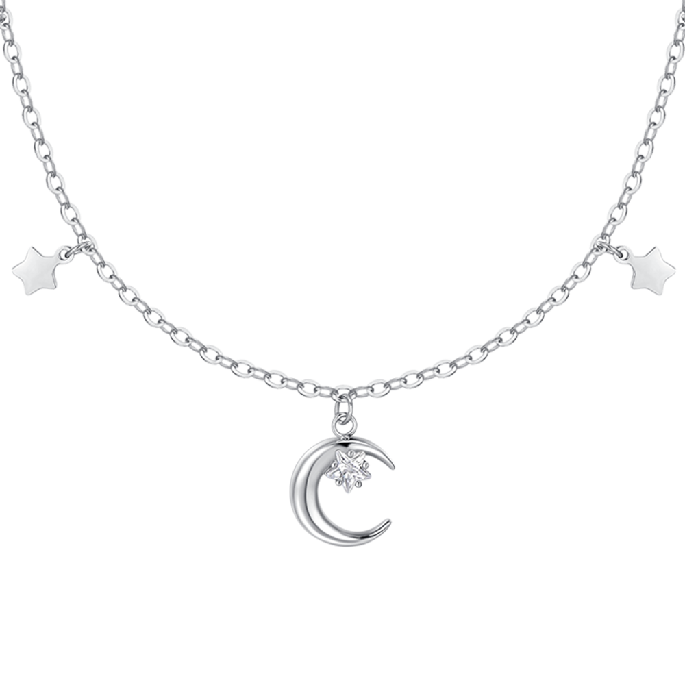 COLLANA DONNA IN ACCIAIO, LUNA CON ZIRCONE BIANCO E STELLE