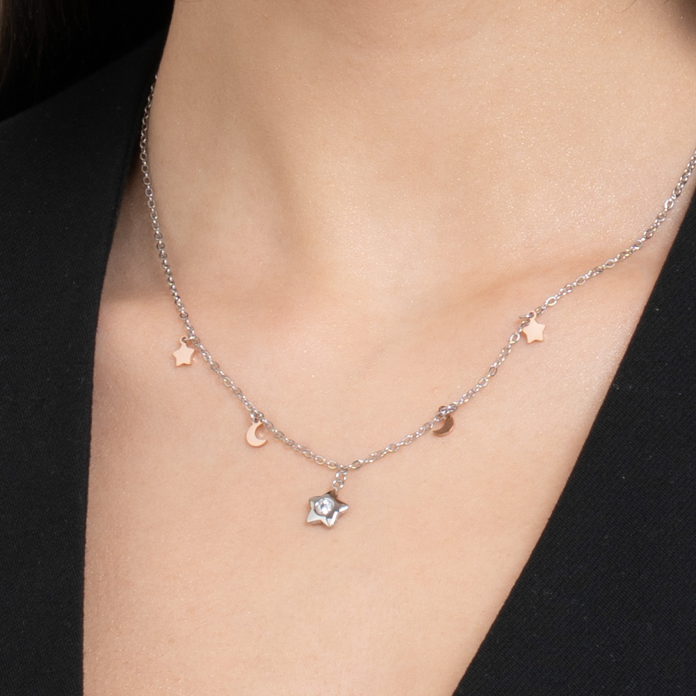 COLLANA DONNA IN ACCIAIO, STELLA CON ZIRCONE BIANCO, LUNE E STELLE IP ROSE