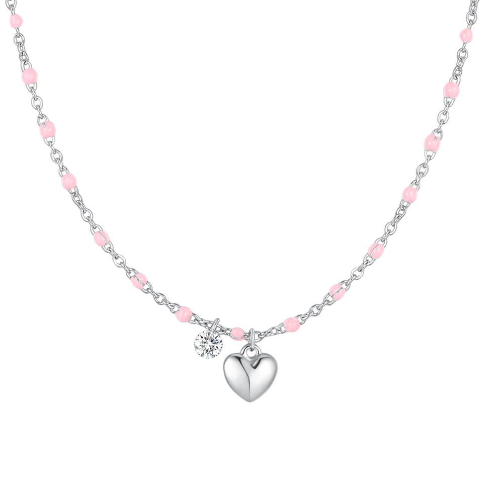 COLLANA DONNA IN ACCIAIO CON CUORE, CRISTALLO E PIETRE CON SMALTO ROSA