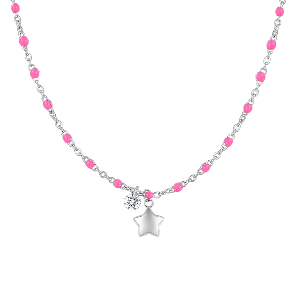 COLLANA DONNA IN ACCIAIO CON STELLA, CRTISTALLO E PIETRE CON SMALTO FUCSIA
