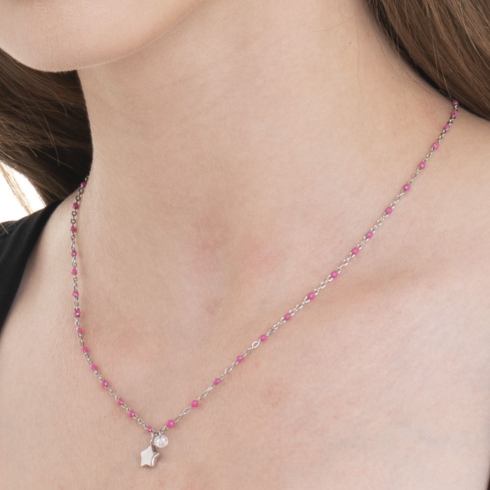 COLLANA DONNA IN ACCIAIO CON STELLA, CRTISTALLO E PIETRE CON SMALTO FUCSIA