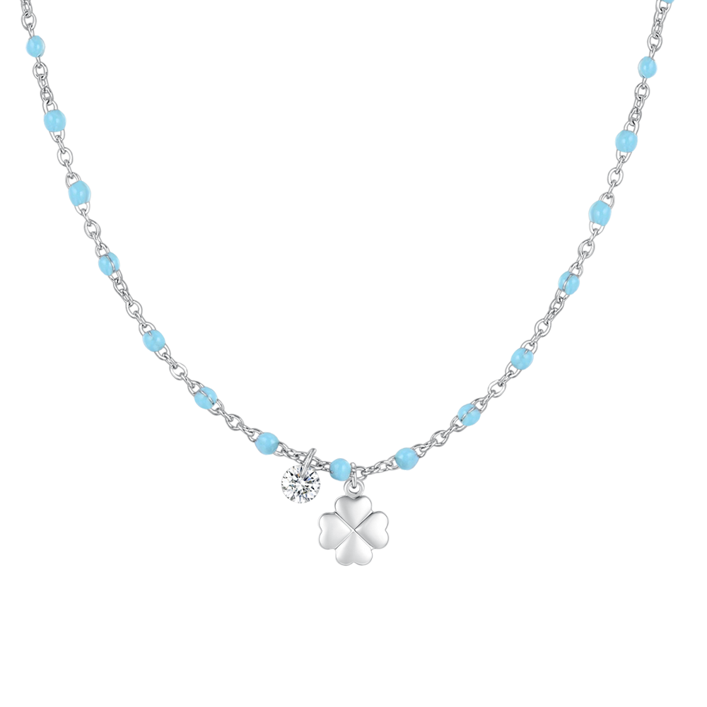 COLLANA DONNA IN ACCIAIO CON QUADRIFOGLIO,CRISTALLO E PIETRE CON SMALTO TURCHESE