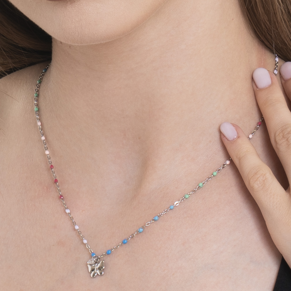 COLLANA DONNA IN ACCIAIO CON FARFALLA, CRISTALLO E PIETRE CON SMALTO MULTICOLOR