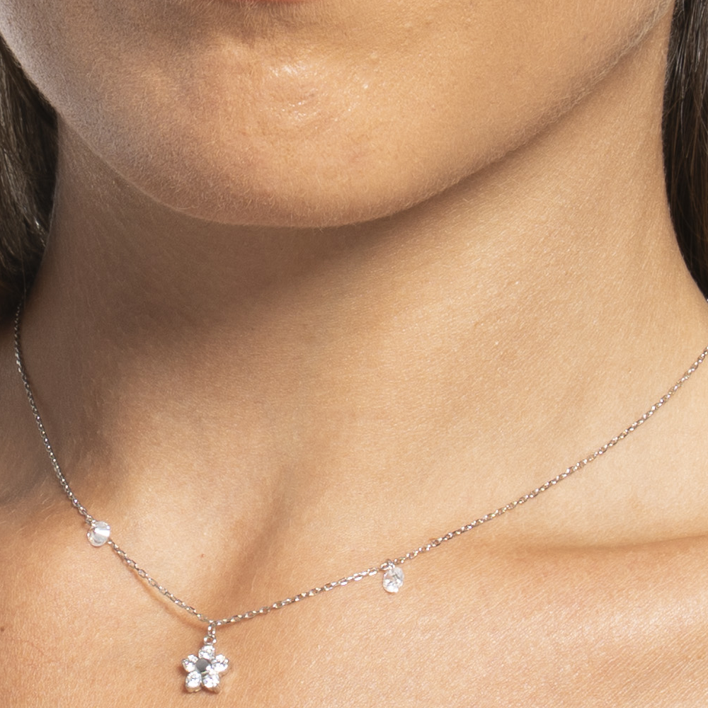 COLLANA DONNA IN ACCIAIO CON PENDENTE FIORE CON E PETALI ZICONE BIANCO