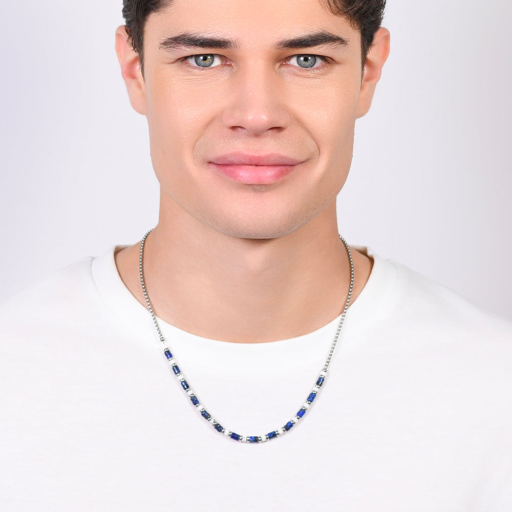 HERREN STAHL HALSKETTE LAPIS UND WEISSE STEINE