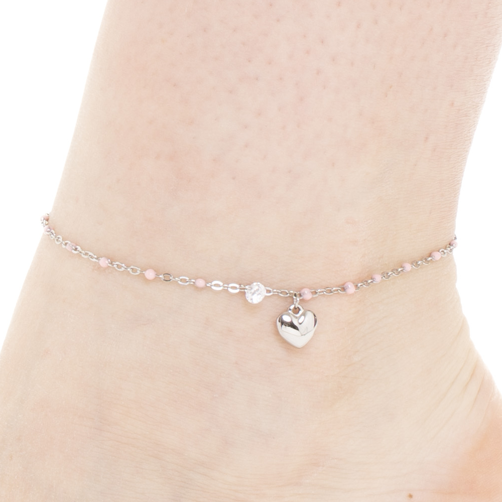 CAVIGLIERA DONNA IN ACCIAIO CON CUORE, CRISTALLO E PIETRE CON SMALTO ROSA