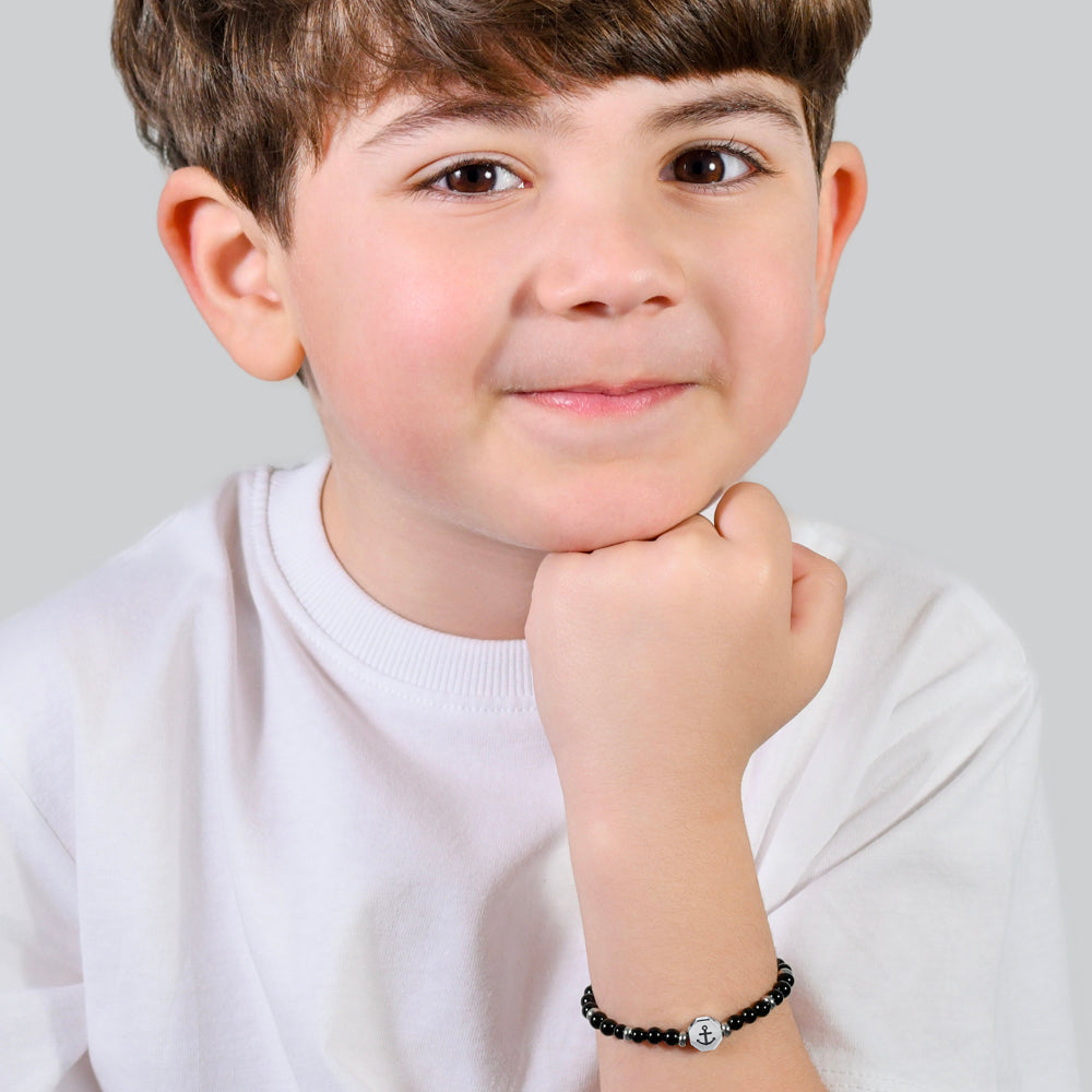 ANKER-BABYARMBAND AUS STAHL MIT SCHWARZEN STEINEN