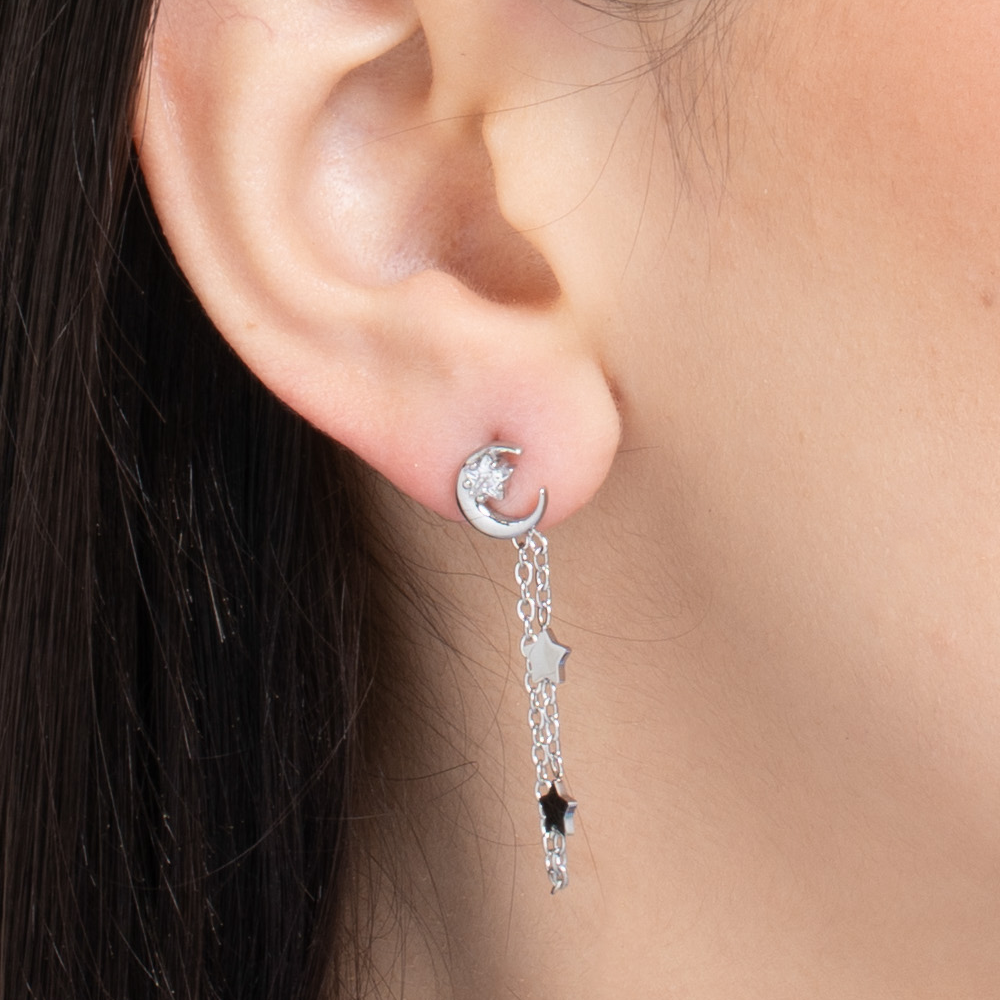 MONO ORECCHINO DONNA IN ACCIAIO, LUNA CON ZIRCONE BIANCO E STELLE