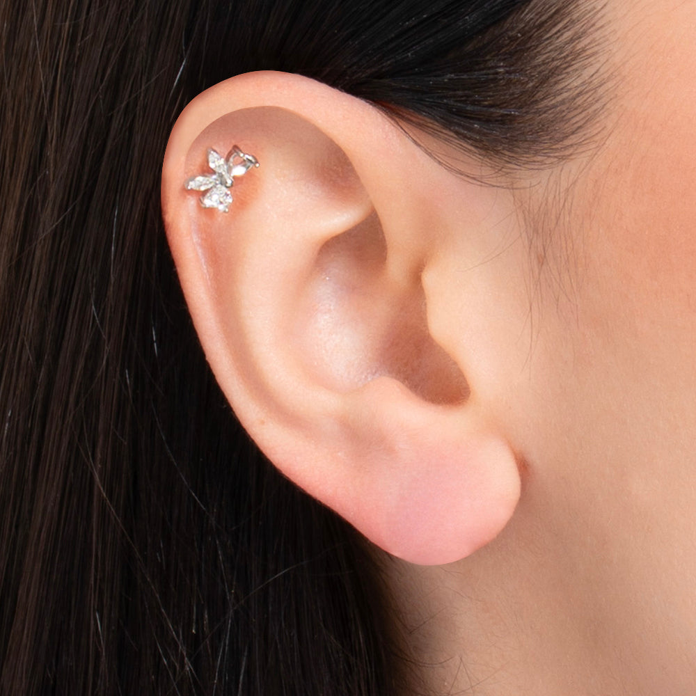 PIERCING ORECCHIO DONNA IN ACCIAIO FORMA FIOCCO CON ZIRCONI BIANCHI