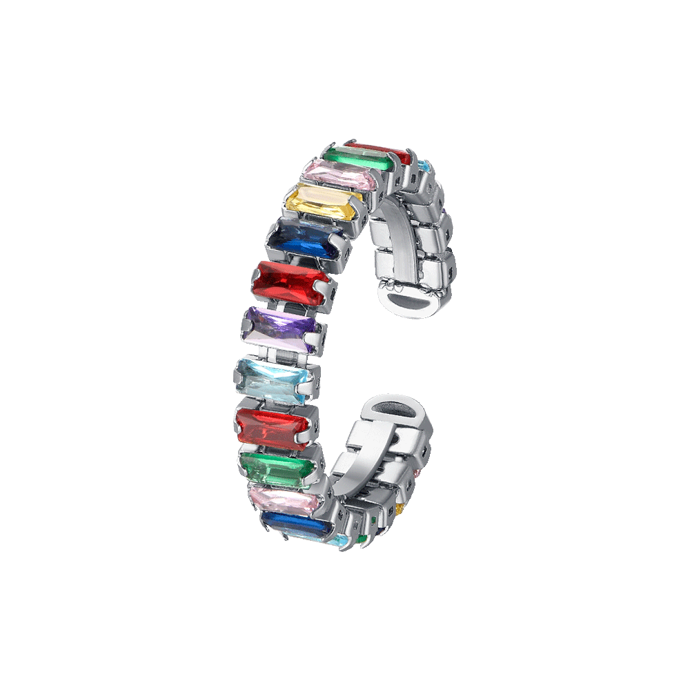 VERSTELLBARER DAMENRING AUS STAHL MIT MEHRFARBIGEN KRISTALLEN