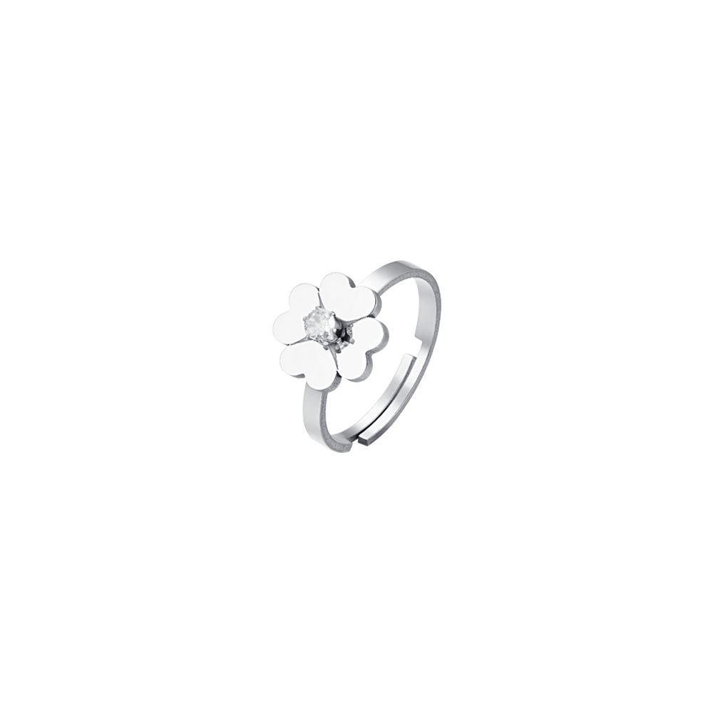 DAMENRING AUS STAHL MIT VIERBLÄTTRIGEM KLEEBLATT UND ZIRKONIUMDIOXID