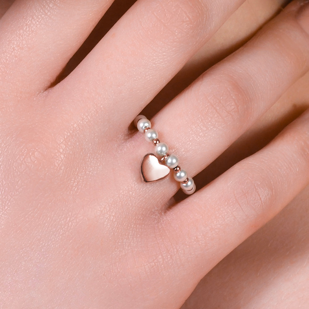 ANELLO DONNA IN ACCIAIO IP ROSE E PERLE SINTETICHE BIANCHE CON CUORE IP ROSE