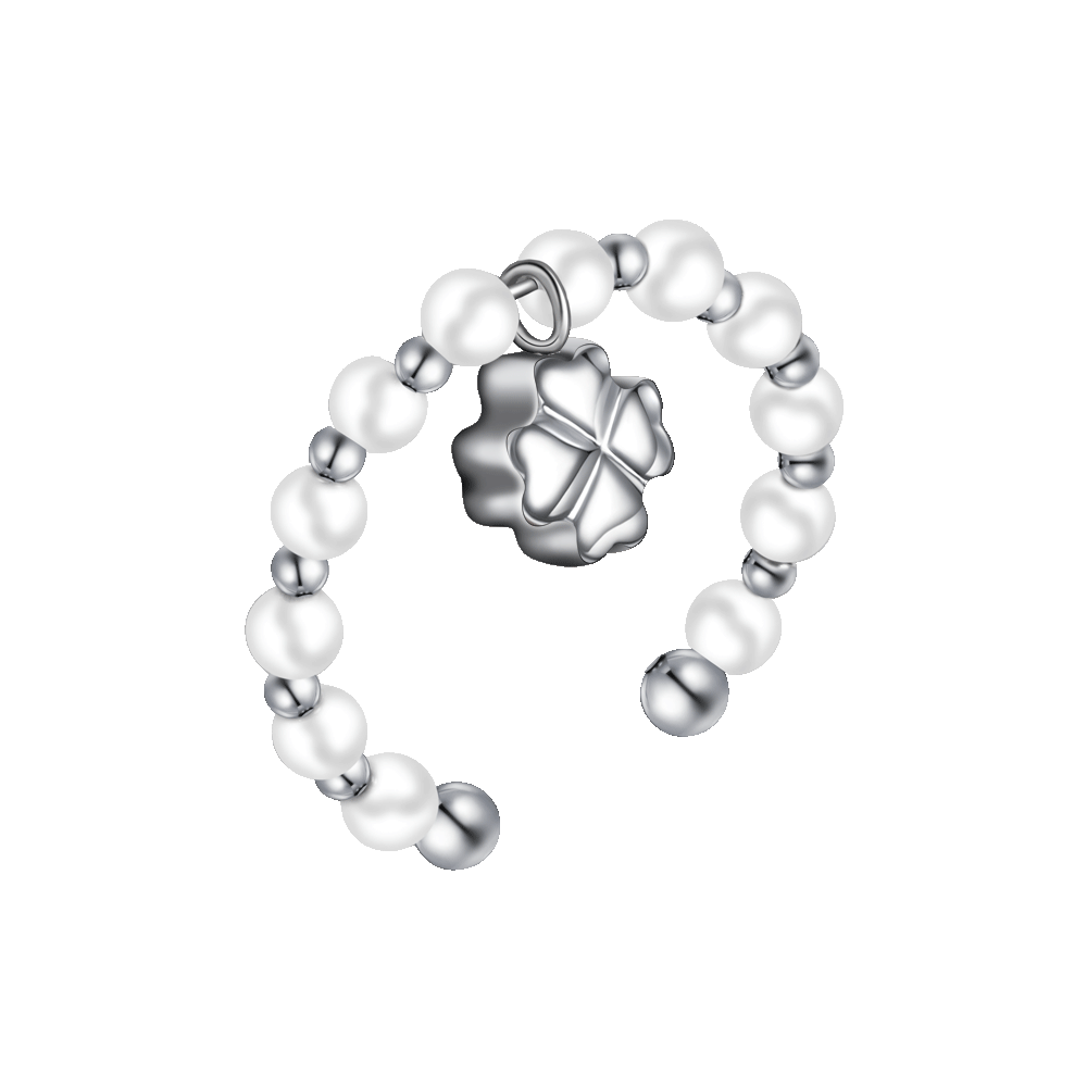 ANELLO DONNA IN ACCIAIO CON PERLE SINTETICHE BIANCHE E QUADRIFOGLIO