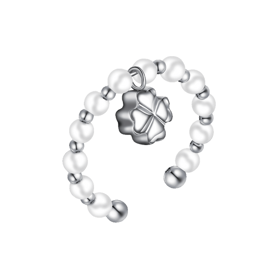 ANELLO DONNA IN ACCIAIO CON PERLE SINTETICHE BIANCHE E QUADRIFOGLIO