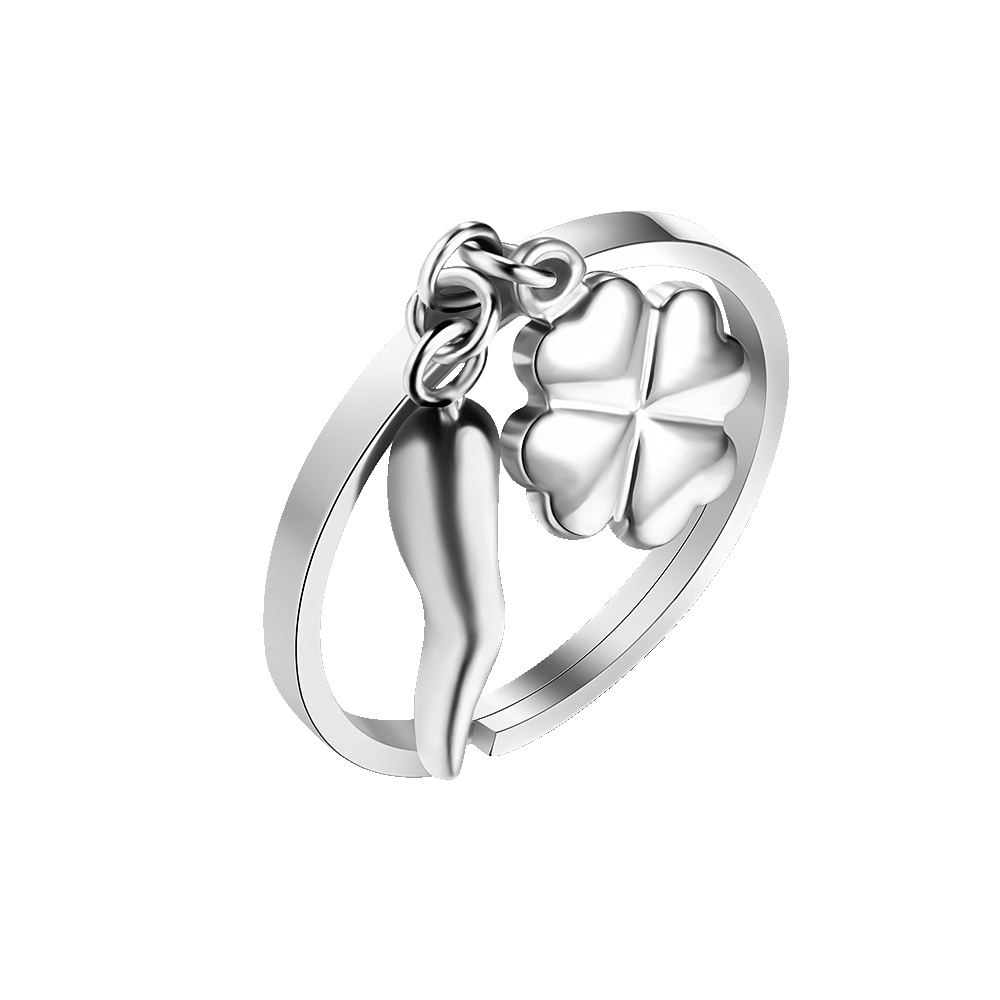 ANELLO DONNA IN ACCIAIO CON CORNO E QUADRIFOGLIO