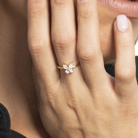 ANELLO DONNA IN ACCIAIO COLORE ORO CON FARFALLA E ZIRCONI BIANCHI
