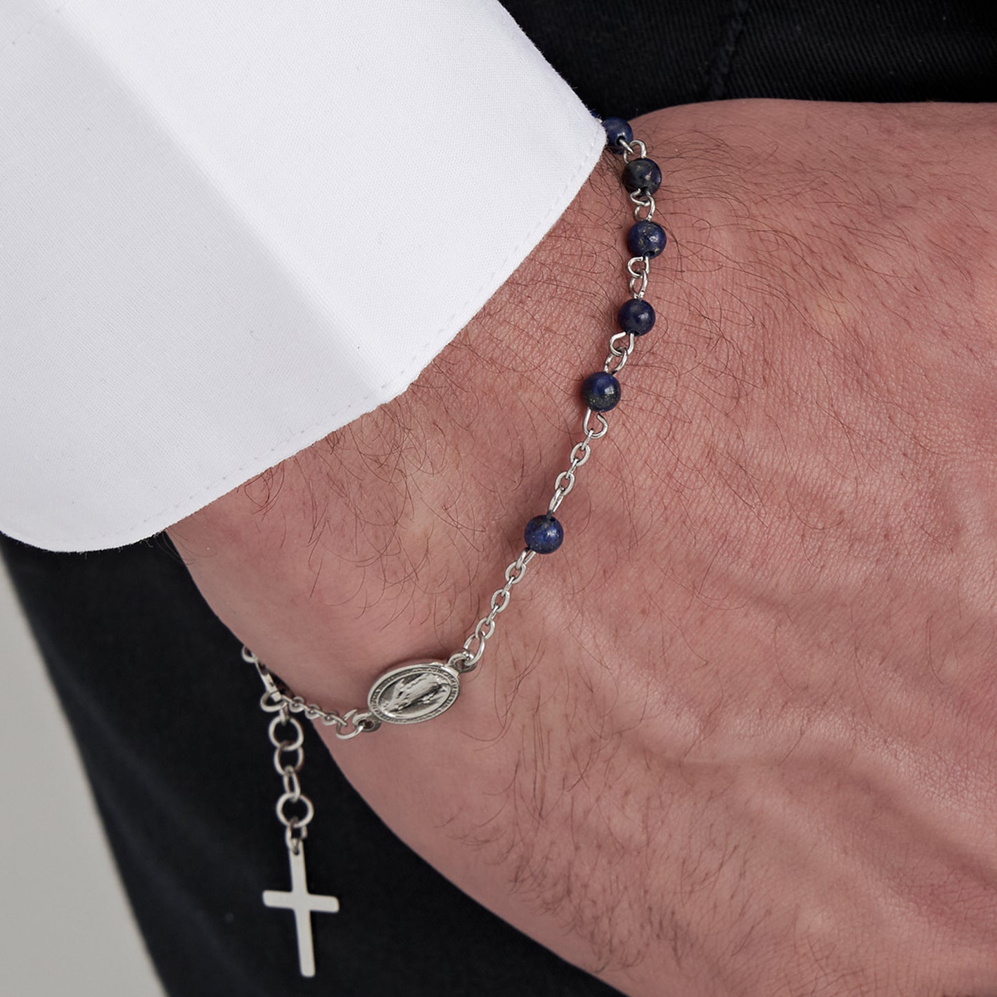 HERREN-STAHL-ROSENKRANZ-ARMBAND MIT LAPIS-STEINEN