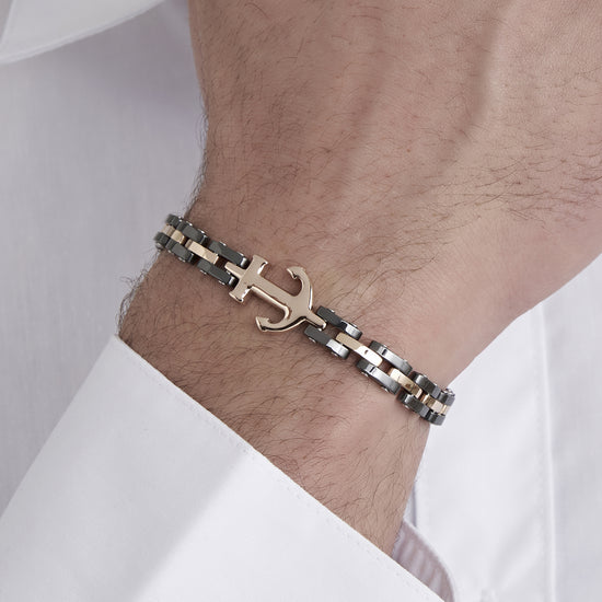 ARMBAND FÜR MÄNNER AUS ROSENSTAHL MIT SCHWARZEN KERAMIKSTÜCKEN UND ANKER Luca Barra