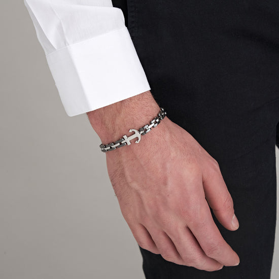 IP ROSE STAHLARMBAND FÜR HERREN MIT SCHWARZEN KERAMIKELEMENTEN UND ANKER