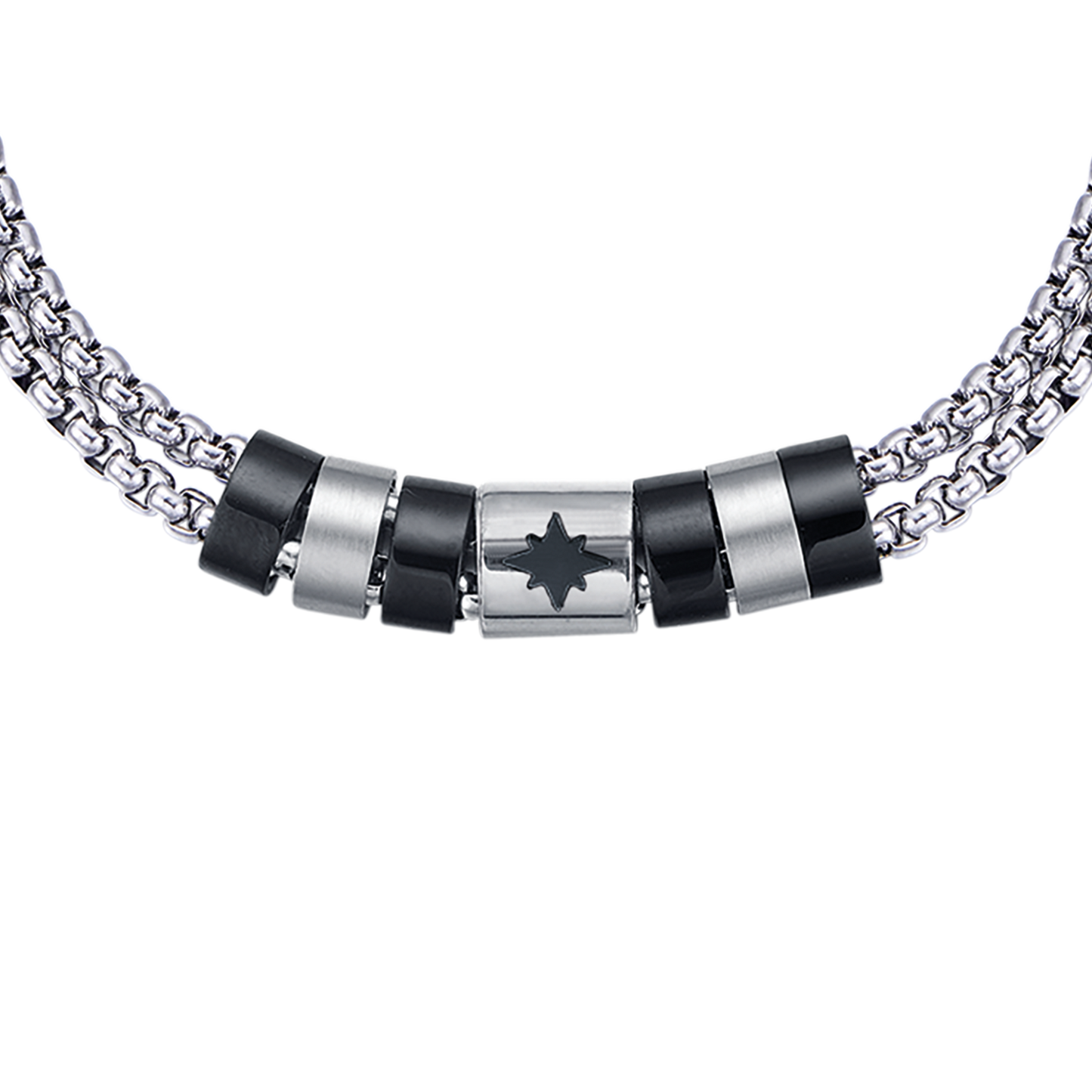 HERRENARMBAND AUS STAHL MIT SCHWARZEN IP-ELEMENTEN UND KOMPASSROSE