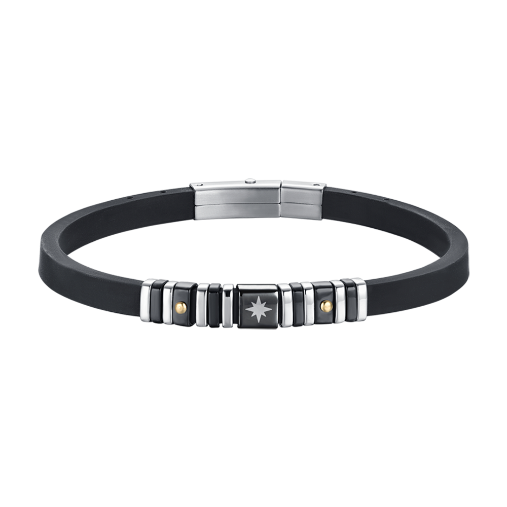 SCHWARZES ARMBAND AUS SILIKON FÜR HERREN MIT STAHLELEMENTE UND SCHWARZEN UND WINDROSEN Luca Barra