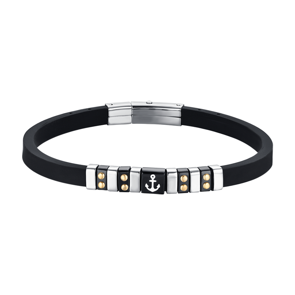 SCHWARZES ARMBAND AUS SILIKON FÜR HERREN MIT STAHL-ELEMENTE, IP SCHWARZ UND GOLD MIT ANSCHLUSS Luca Barra