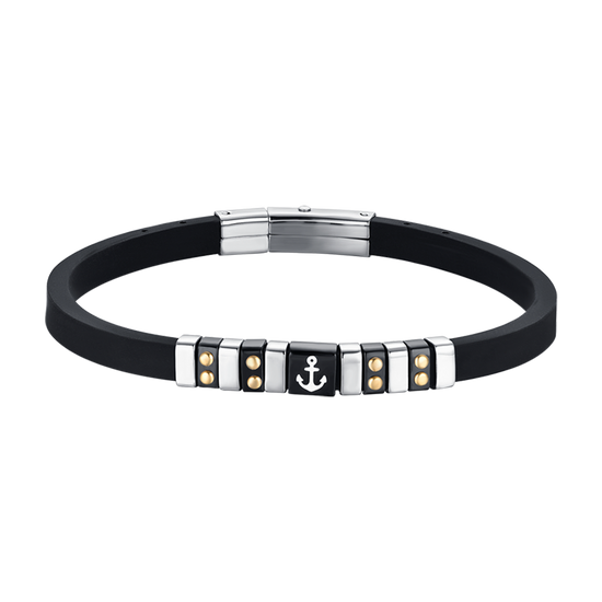 SCHWARZES ARMBAND AUS SILIKON FÜR HERREN MIT STAHL-ELEMENTE, IP SCHWARZ UND GOLD MIT ANSCHLUSS Luca Barra