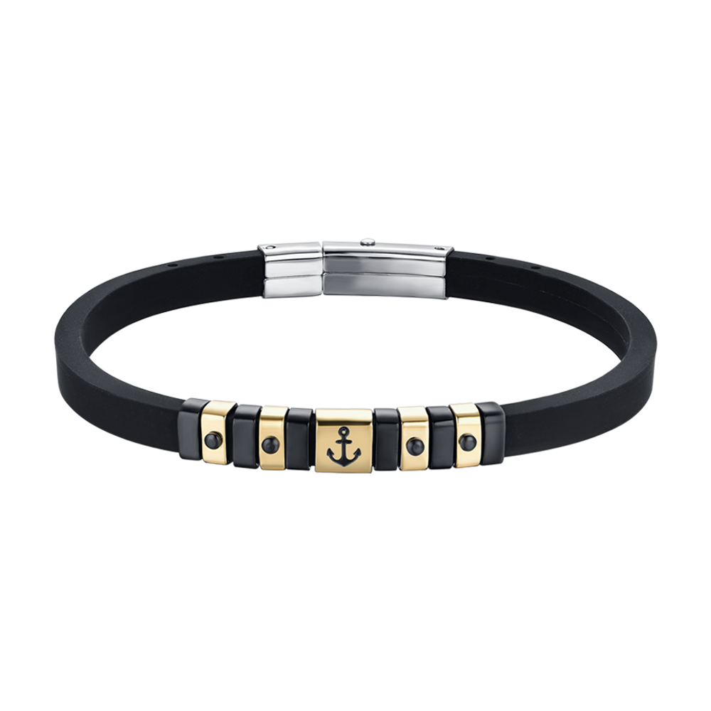 SCHWARZES HERRENSILIKON-ARMBAND MIT IP-GOLD- UND SCHWARZEN STAHL-ELEMENTE MIT ANKER Luca Barra