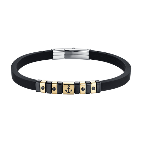 SCHWARZES HERRENSILIKON-ARMBAND MIT IP-GOLD- UND SCHWARZEN STAHL-ELEMENTE MIT ANKER Luca Barra