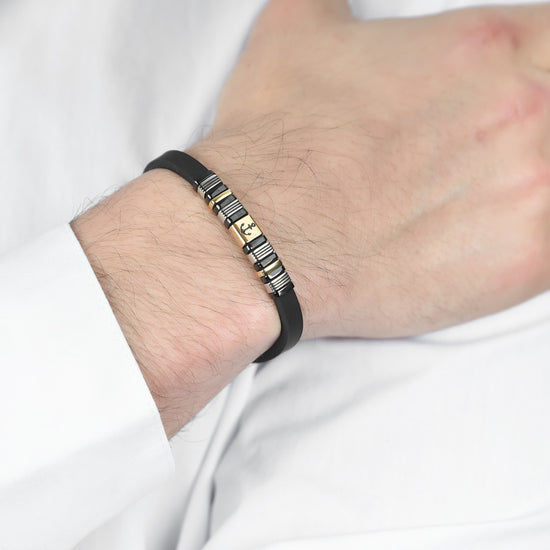 SCHWARZES HERRENSILIKON-ARMBAND MIT IP-GOLD- UND SCHWARZEN STAHL-ELEMENTE MIT ANKER Luca Barra