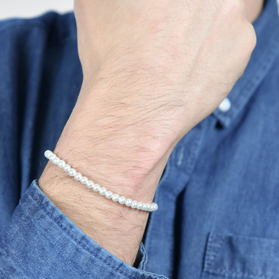 BRACCIALE UOMO IN ACCIAIO CON PERLE SINTETICHE BIANCHE