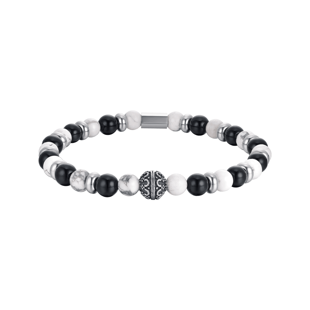 ELASTISCHES HERRENARMBAND MIT SCHWARZEN UND WEISSEN STEINEN UND STAHLELEMENTE Luca Barra