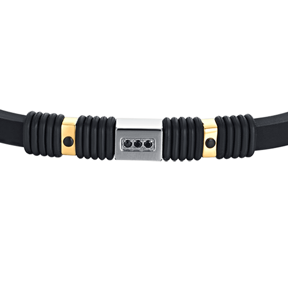 HERRENARMBAND AUS SCHWARZEM SILIKON MIT IP SCHWARZ UND IP GOLD STAHLELEMENTEN