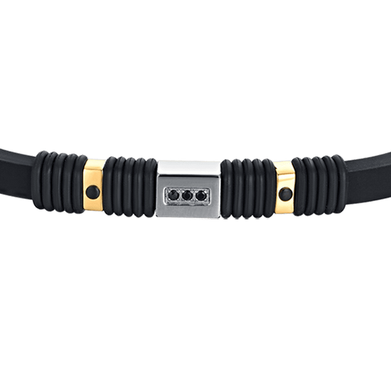 HERRENARMBAND AUS SCHWARZEM SILIKON MIT IP SCHWARZ UND IP GOLD STAHLELEMENTEN