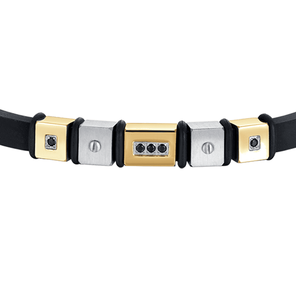 HERRENARMBAND AUS SCHWARZEM SILIKON MIT IP-GOLDENEN STAHLELEMENTEN