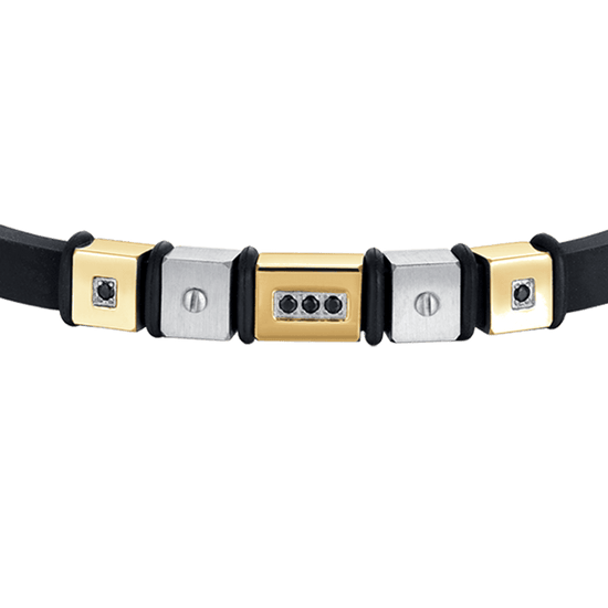 HERRENARMBAND AUS SCHWARZEM SILIKON MIT IP-GOLDENEN STAHLELEMENTEN
