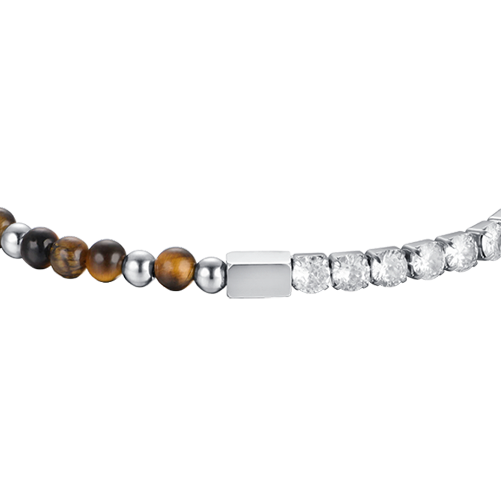 HERRENARMBAND AUS STAHL MIT WEISSEN KRISTALLEN UND TIGERAUGE-STEINEN