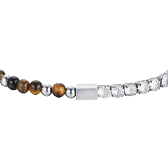 HERRENARMBAND AUS STAHL MIT WEISSEN KRISTALLEN UND TIGERAUGE-STEINEN